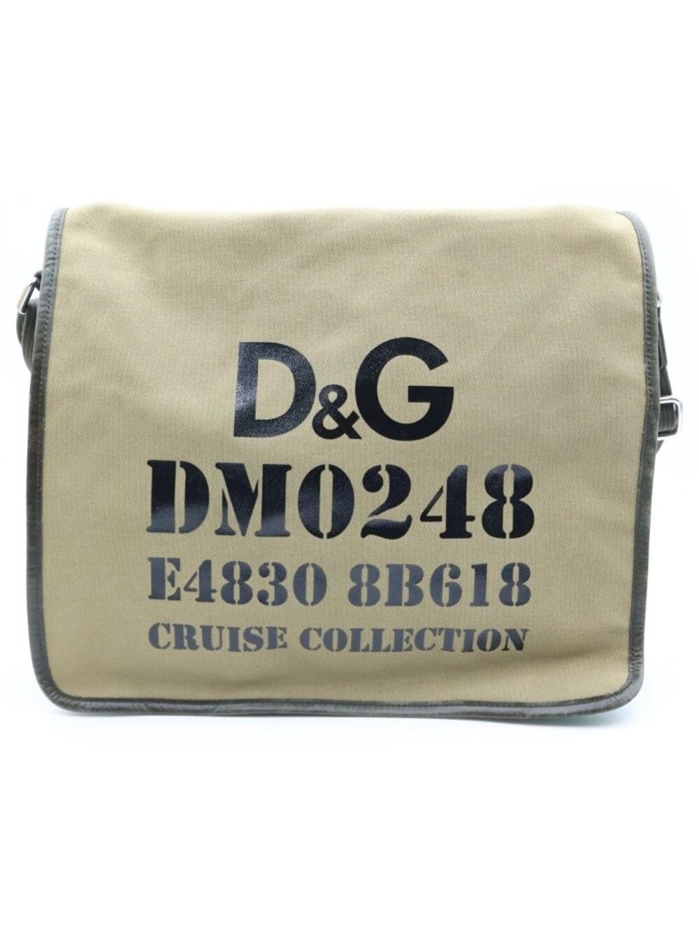 Dolce & Gabbana Logo Print Canvas Leather Messenger Shoulder Bag Khaki Silver